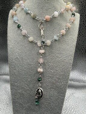 Handmade Feminist Rosary with Quartz and Green Pearls